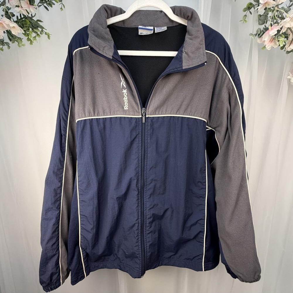 Vintage REEBOK Men's L Blue/Gray Warm Up Track Windbreaker Nylon/Fleece Jacket